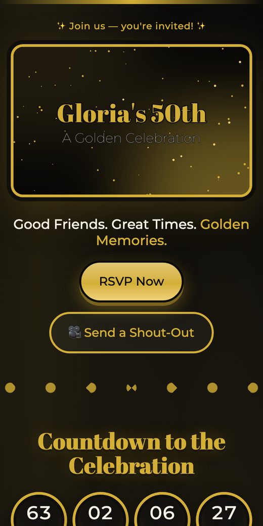 Sample black and gold 50th birthday invitation on a phone, with a countdown and event details