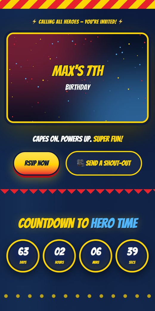 Sample superhero birthday web invitation